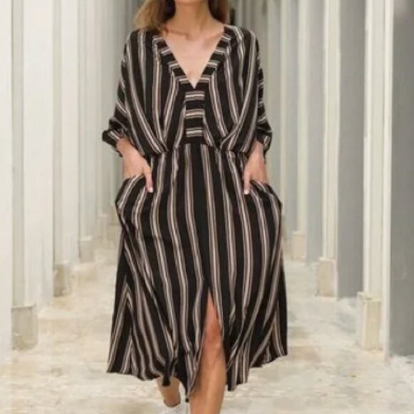 Anthropologie uma & leopold medium v-neck striped kaftan dress. - Picture 2 of 3